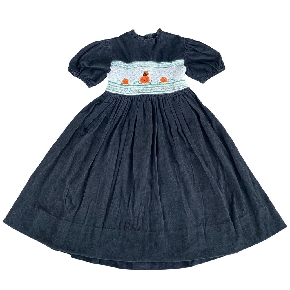 Halloween Smocked Dress Vintage Homemade Black Corduroy Pumpkin Black Cat Smock